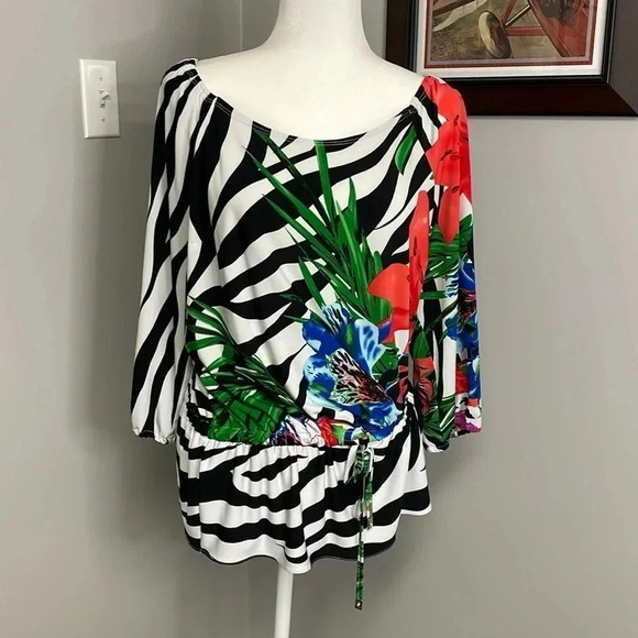 Joseph Ribkoff women's 12 zebra print and tropics flowers blouse peplum stretch - Picture 1 of 3